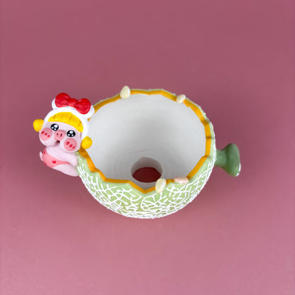 Handmade Fruit-Shaped Pot with Adorable Piggy – Creamy Matte Finish