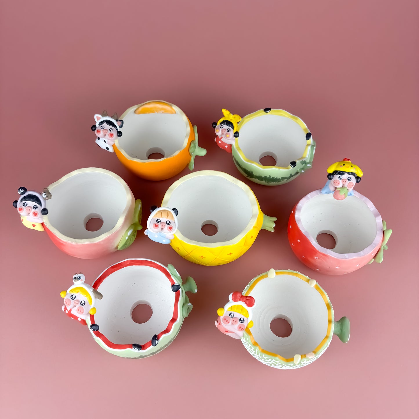 Handmade Fruit-Shaped Pot with Adorable Piggy – Creamy Matte Finish