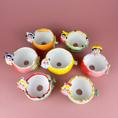 Handmade Fruit-Shaped Pot with Adorable Piggy – Creamy Matte Finish