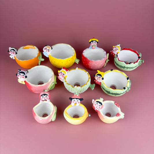 Handmade Fruit-Shaped Pot with Adorable Piggy – Creamy Matte Finish