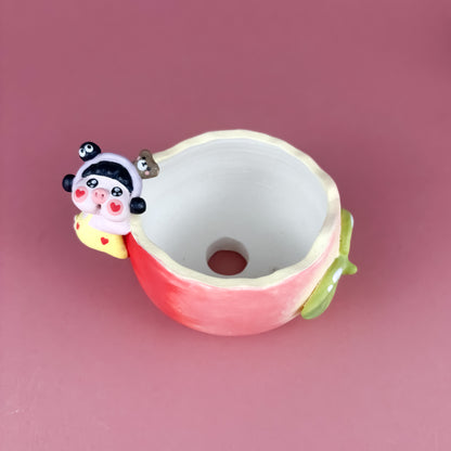 Handmade Fruit-Shaped Pot with Adorable Piggy – Creamy Matte Finish